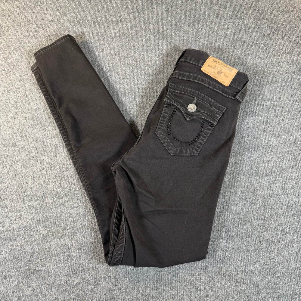 True Religion Women High Rise Flap Dark Crystal Skinny Jeans Black 29 WB58125FCQ